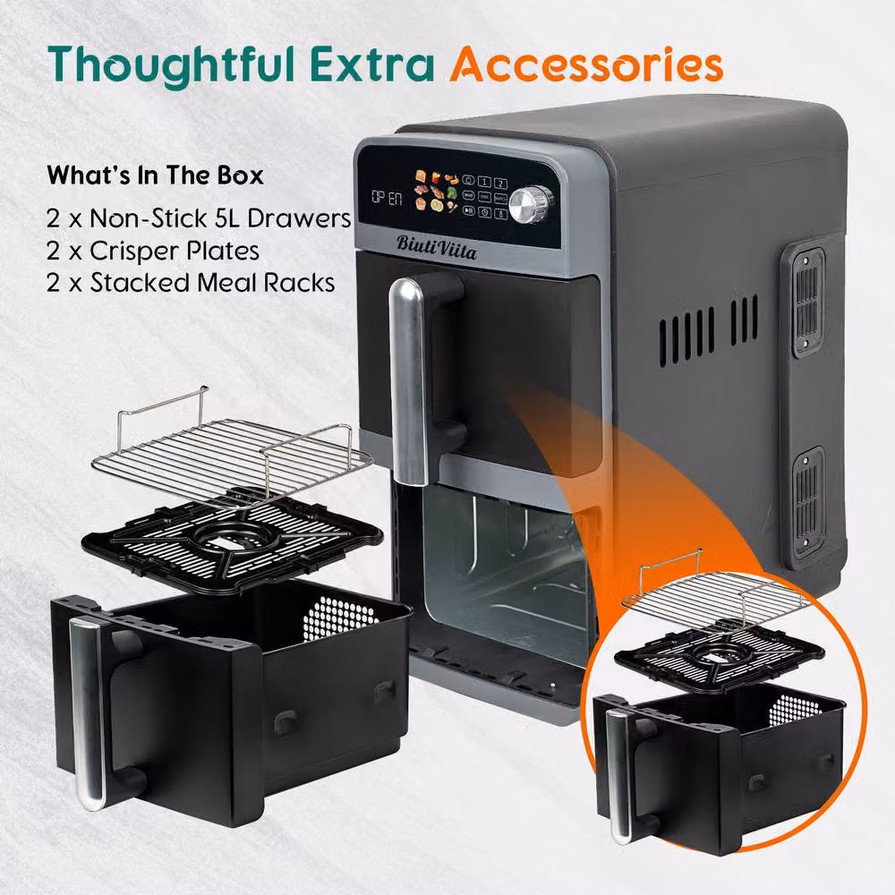 BiutiViita 10L Dual Basket Air Fryer with 2400W Power and 9-in-1 Modes in Black – 5