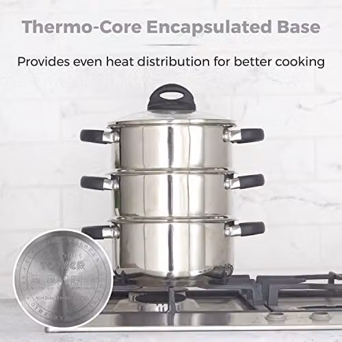 Tower T80836 3-Tier Stainless Steel Steamer with Tempered Glass Lid and Encapsulated Base, Silver – 3