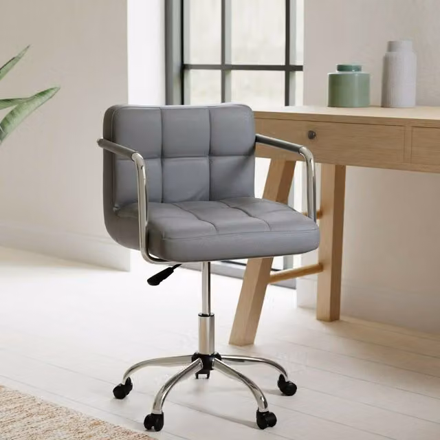 Neo Modern Task Chair with Armrests in Grey Synthetic Leather and Metal