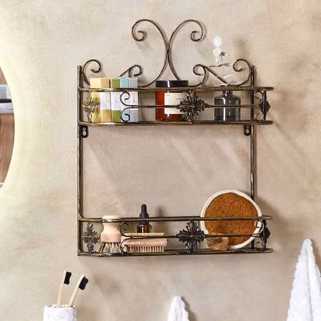 Wyld and Coco Two Tier Vintage Distressed Black Metal Bathroom Wall Shelf – 1