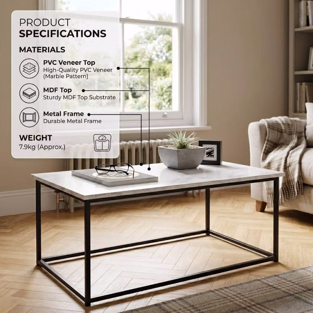 HOME LUXE INTERIOR Zurich Marble Finish Coffee Table with Black Metal Frame – 6