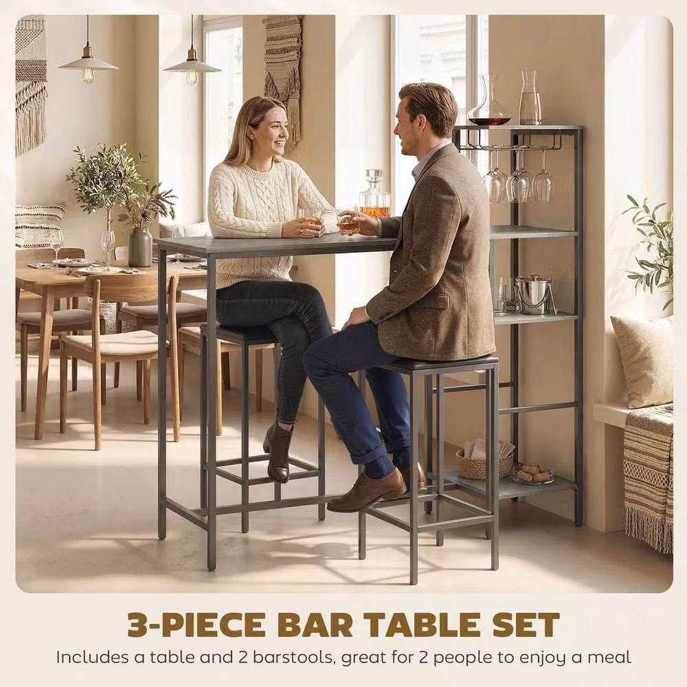 FORGEVIO 3-Piece Breakfast Bar Table and Stools Set in Grey and Black – 4