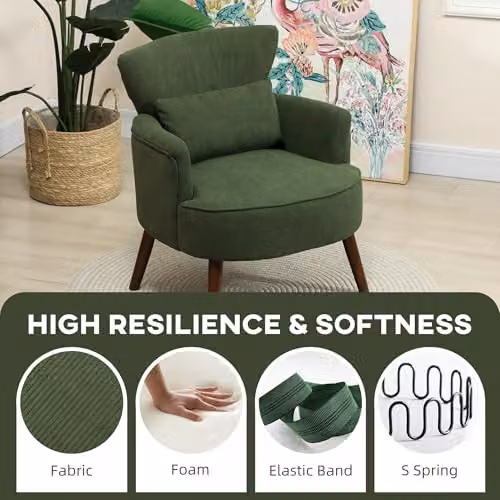 HOMCOM Retro Cord Green Tub Armchair with Solid Wood Frame, W/D/H: 69.5 x 78.0 x 69.0 cm – 3