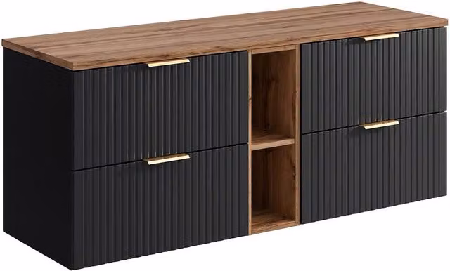 Vente-unique Striped Floating Vanity Unit with Niches in Black and Light Natural