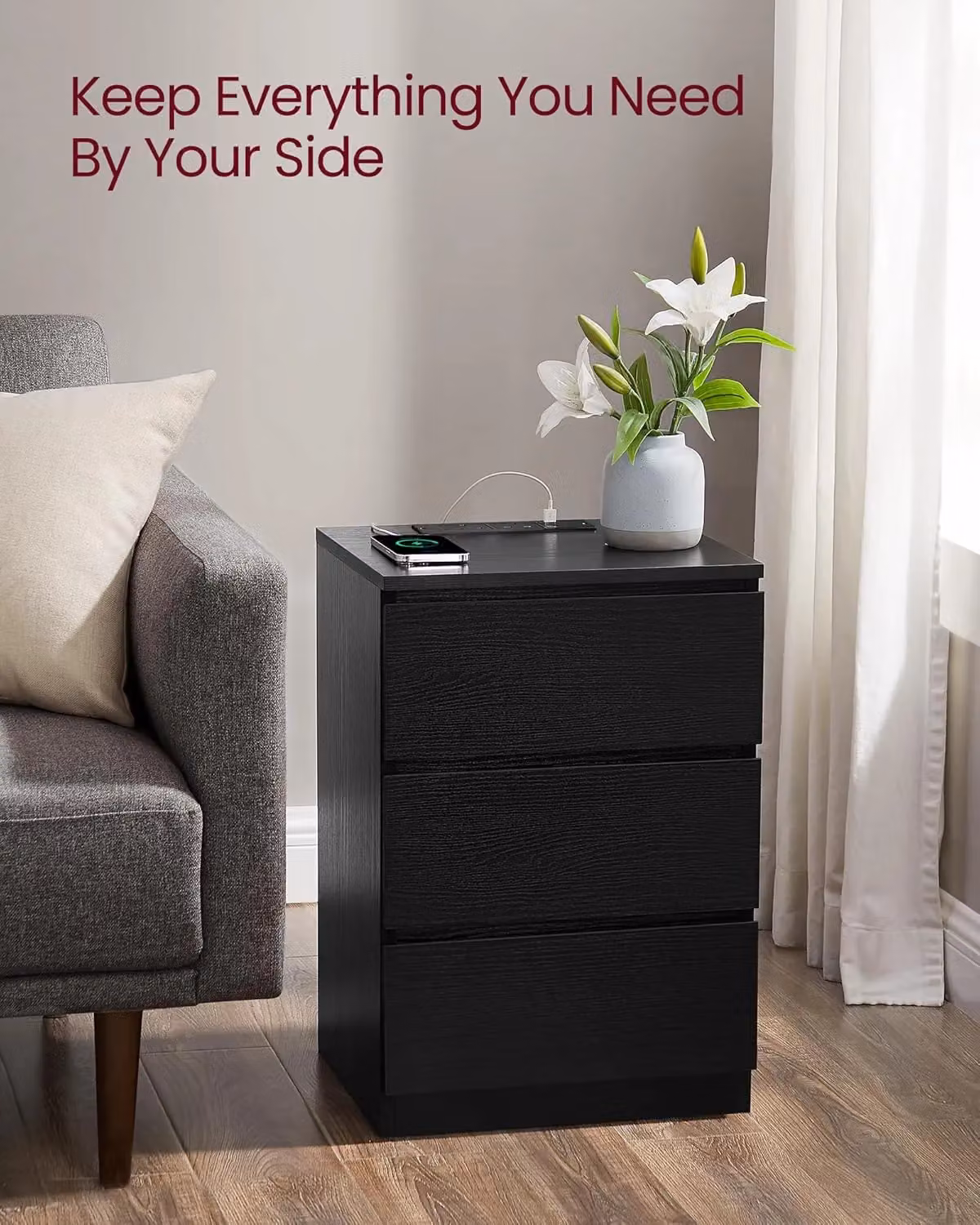 VASAGLE Set of 2 Modern Black Bedside Tables with USB Outlets and Drawers – 5