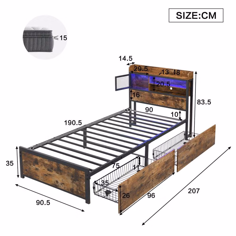 Rolipo Single Metal Bed Frame in Black with LED Lights, USB Charging Port and 2 Storage Drawers, W/D/H: 90 x 190 cm – 3