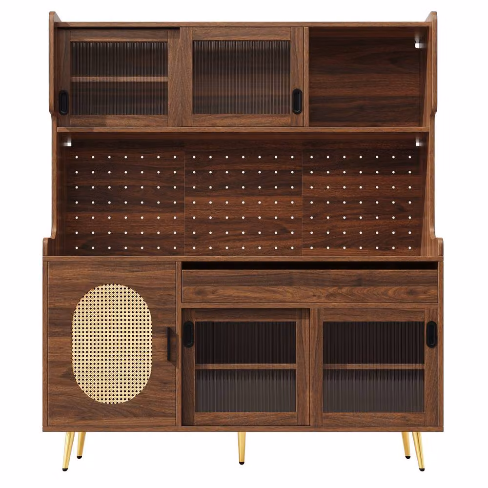 Rolipo Country Style Kitchen Sideboard with LED Light and Fluted Glass Doors in Brown – 6