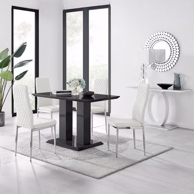 FurnitureboxUK Imperia 4 Modern Black High Gloss Rectangular Dining Table and 4 Milan Chairs Set in White