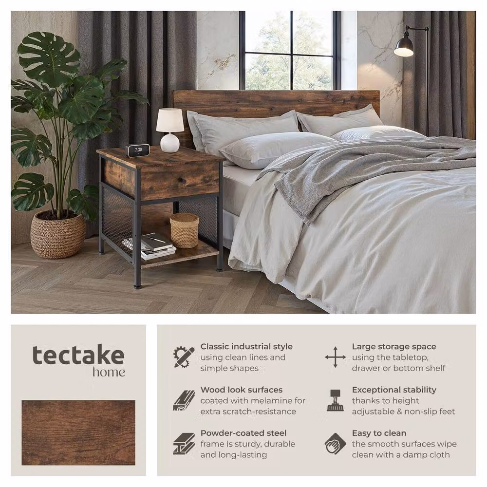 tectake Killarney Bedside Table with Shelf, Drawer and Open Storage in Brown – 2