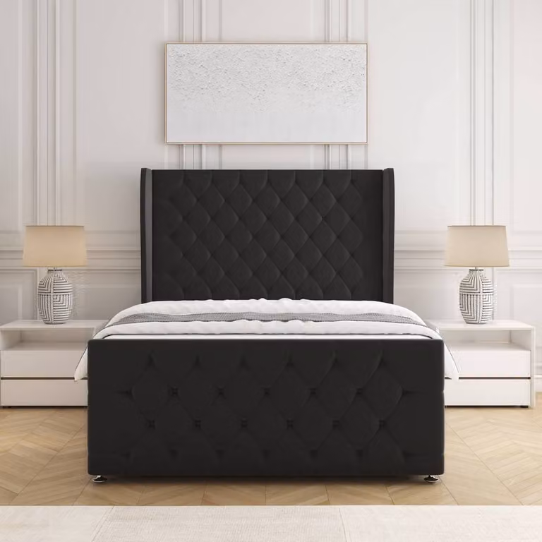 BSSPOKE Anna Plush Velvet Super King Divan Bed with 54 inch Headboard, 2 Drawers, Footend and Mattress in Black