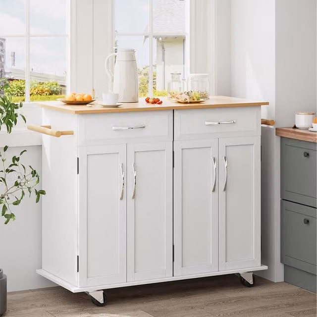 Komore Large Catering Trolley Cart with Drawers and Cabinets in White Matt MDF and Rubberwood