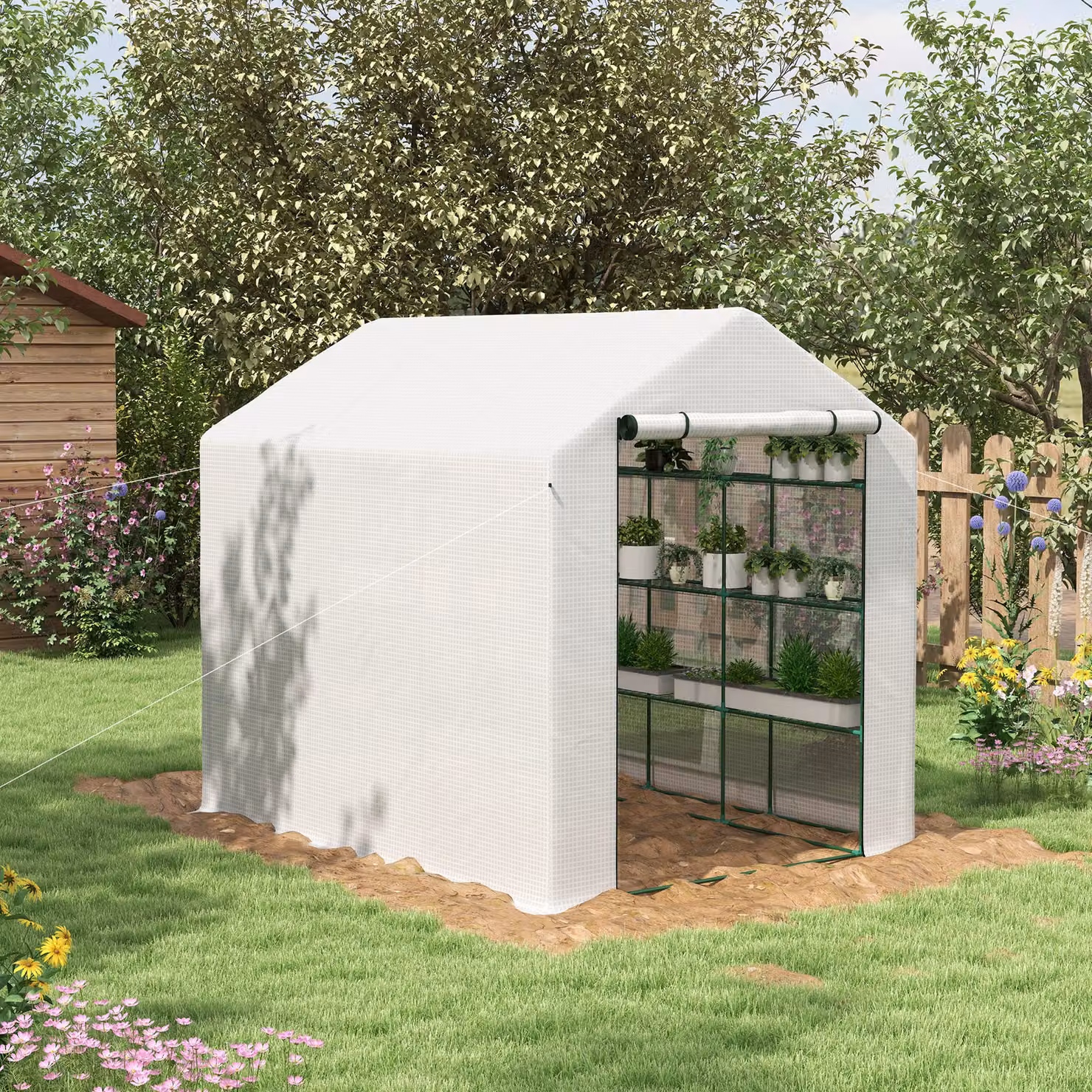 Outsunny White Walking Greenhouse with 4 Tiers and 24 Shelves, Portable Poly Tunnel with Roll-up Zipped Door, W/D/H: 2.5 x 1.8 x 2 m – 2