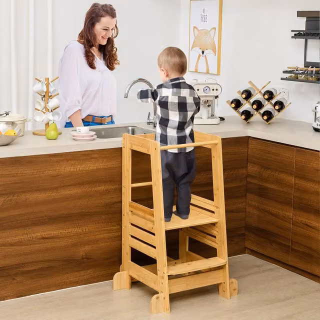 COSTWAY Bamboo Toddlers Kitchen Step Stool in Brown