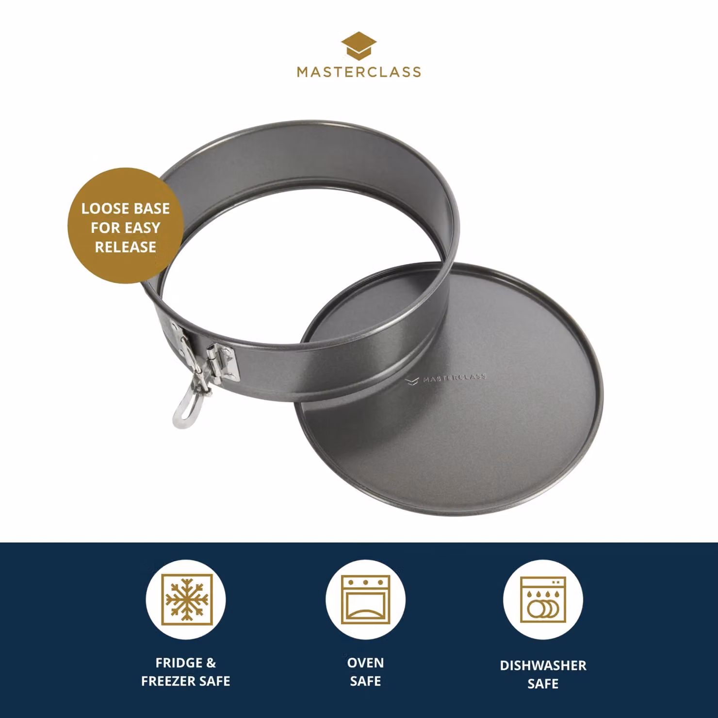 MasterClass Non-Stick Carbon Steel Springform Loose Base Round Cake Tin, Grey, Diameter: 23 cm – 6