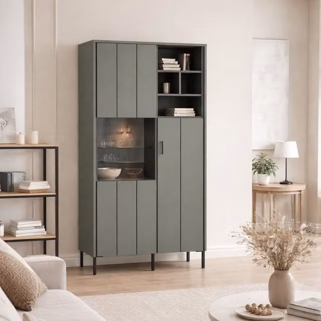 Furniture To Go Arundel 2 Door Modern Display Cabinet with Glass Doors in Green, Grey and Anthracite