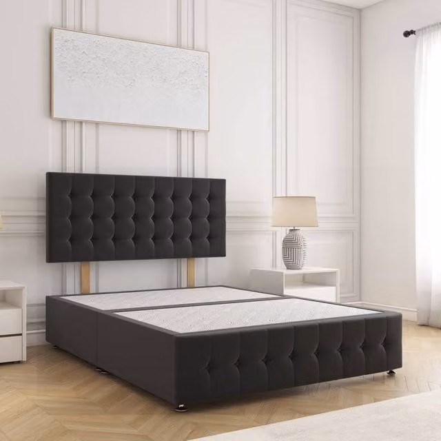 BSSPOKE Eva King Size Divan Bed Set with 24 inch Headboard in Black Plush Velvet