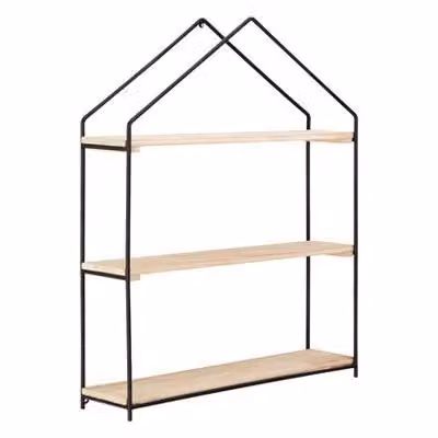 Orsina House Shaped 3 Tier Shelf Unit in Natural Wood and Black Metal, W/D/H: 71 x 45 x 14 cm – 2