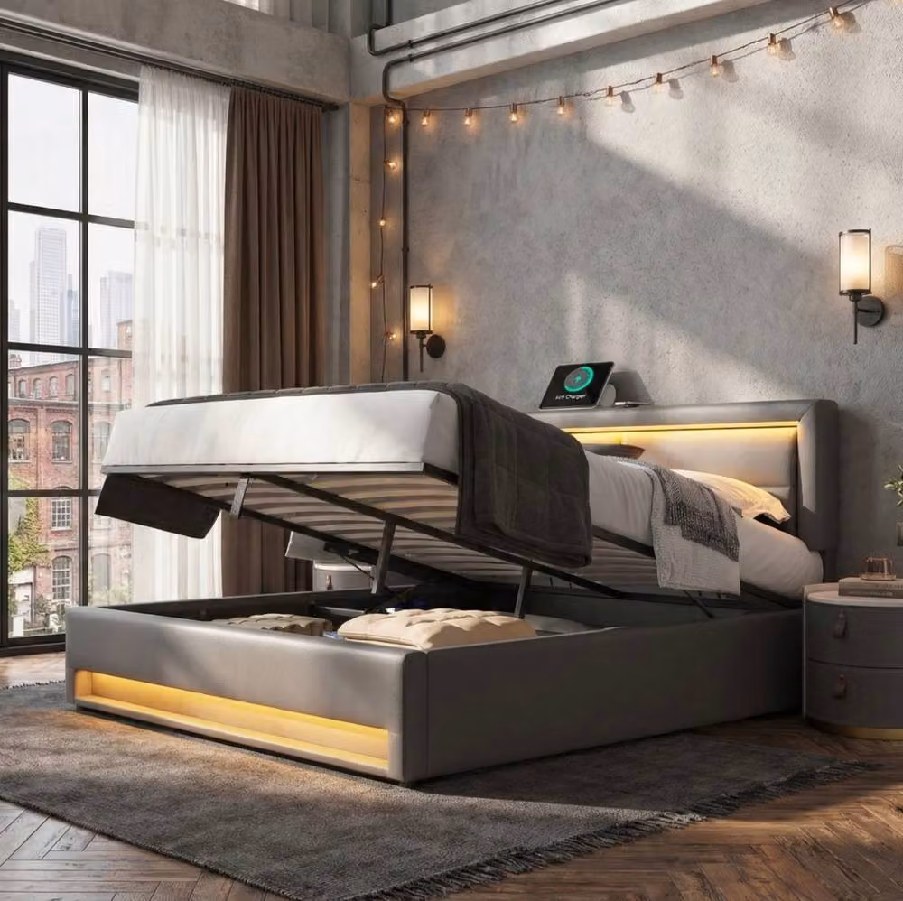 STILVORA Grey Upholstered King Size Bed with USB Charging Ports, LED Under-Bed Lighting and Lift-Up Storage Base, W/D/H: 180 x 200 cm – 3