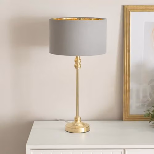 ValueLights Maggie Gold Metal Candlestick Table Lamp with Grey and Gold Fabric Drum Shade – 2
