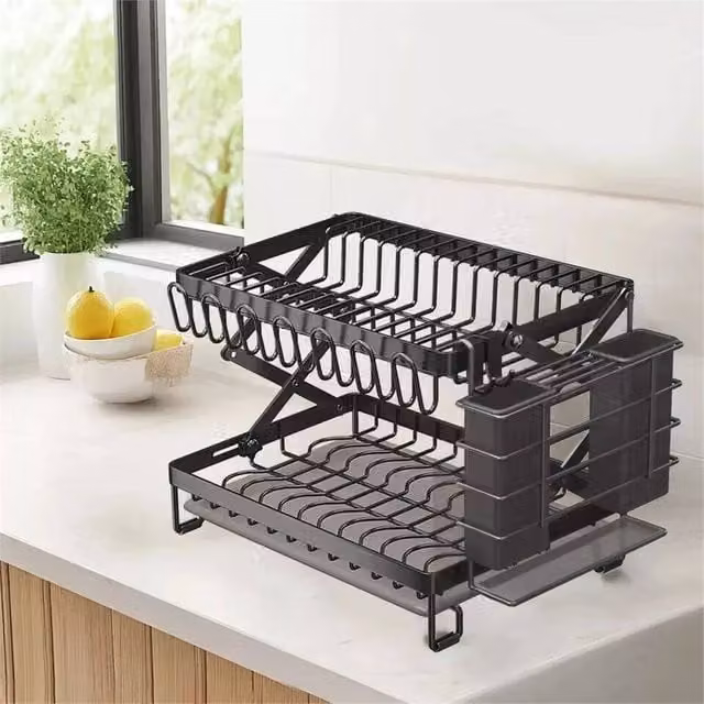 Nordara 2-Tier Black Dish Drying Rack with Drip Tray and Cutlery Holder – 1