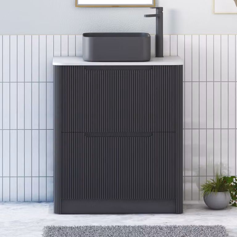Royal Bathrooms Avenza 600mm Matt Obsidian Black Floor Standing Vanity Unit with 2 Drawers, Plain White Worktop and Art Square Basin