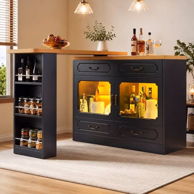 Merax Rotatable Breakfast Bar Table and Buffet Sideboard with LED Lighting and Glass Cabinet in Black