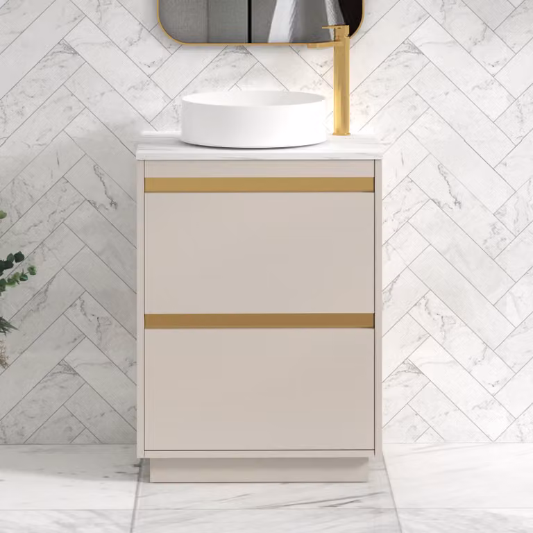 Royal Bathrooms Orion 800mm Warm Taupe Floor Standing 2 Drawer Vanity Unit with Carrara White Undrilled Worktop and Brushed Brass Accent Trim