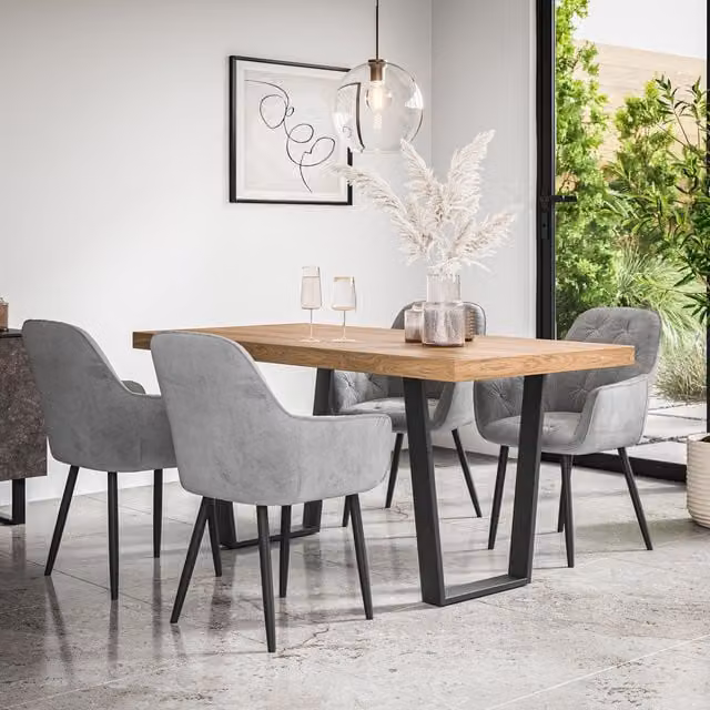 More4Homes Aria Dining Table and Anika Grey Velvet Chair Set of 6, Oak Effect Table Top with Black Legs – 1