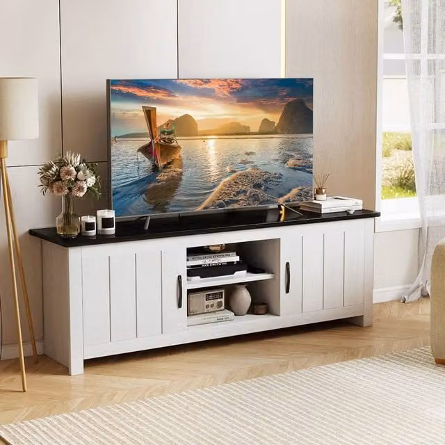 Costway Modern White TV Stand for TVs up to 65 inch with 2 Cabinets and Media Compartments – 1