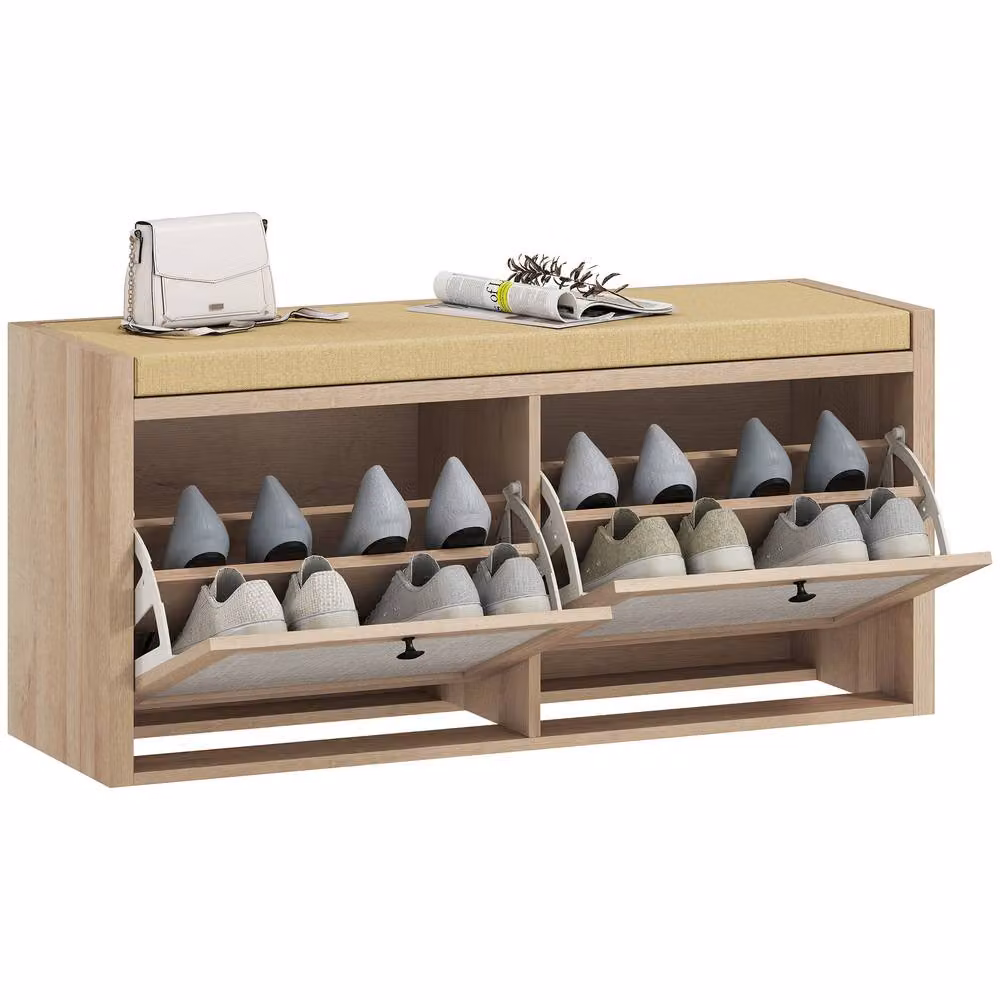 STILVORA Shoe Bench with 2 Cabinets and Padded Fabric Seat in Light Oak – 2