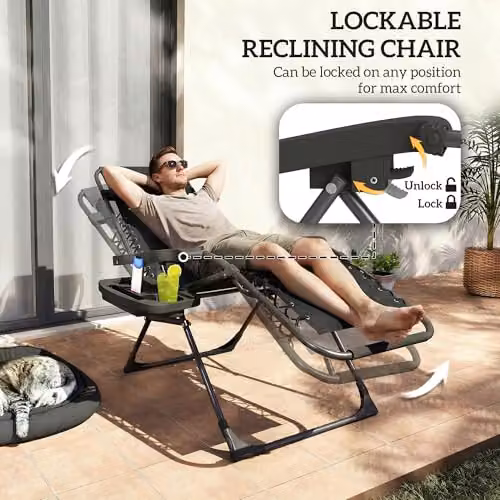 Outsunny Set of 2 Black Zero Gravity Garden Chairs with Adjustable Headrest, Side Tray and Cup Holders – 5