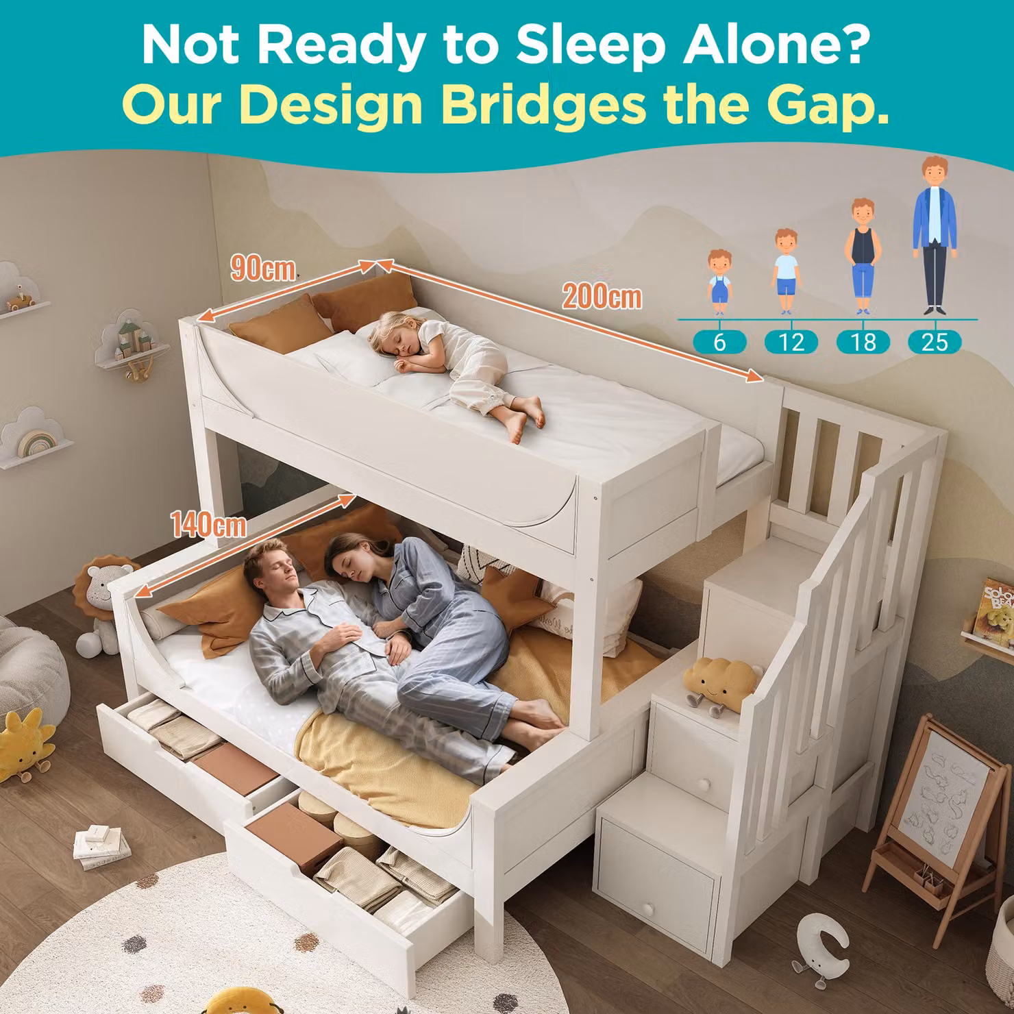 Aosom UK Childrens Bunk Bed with Staircase Storage and Under-bed Pull-out Drawer, White, L: 246 cm, W: 141 cm, H: 150 cm – 3