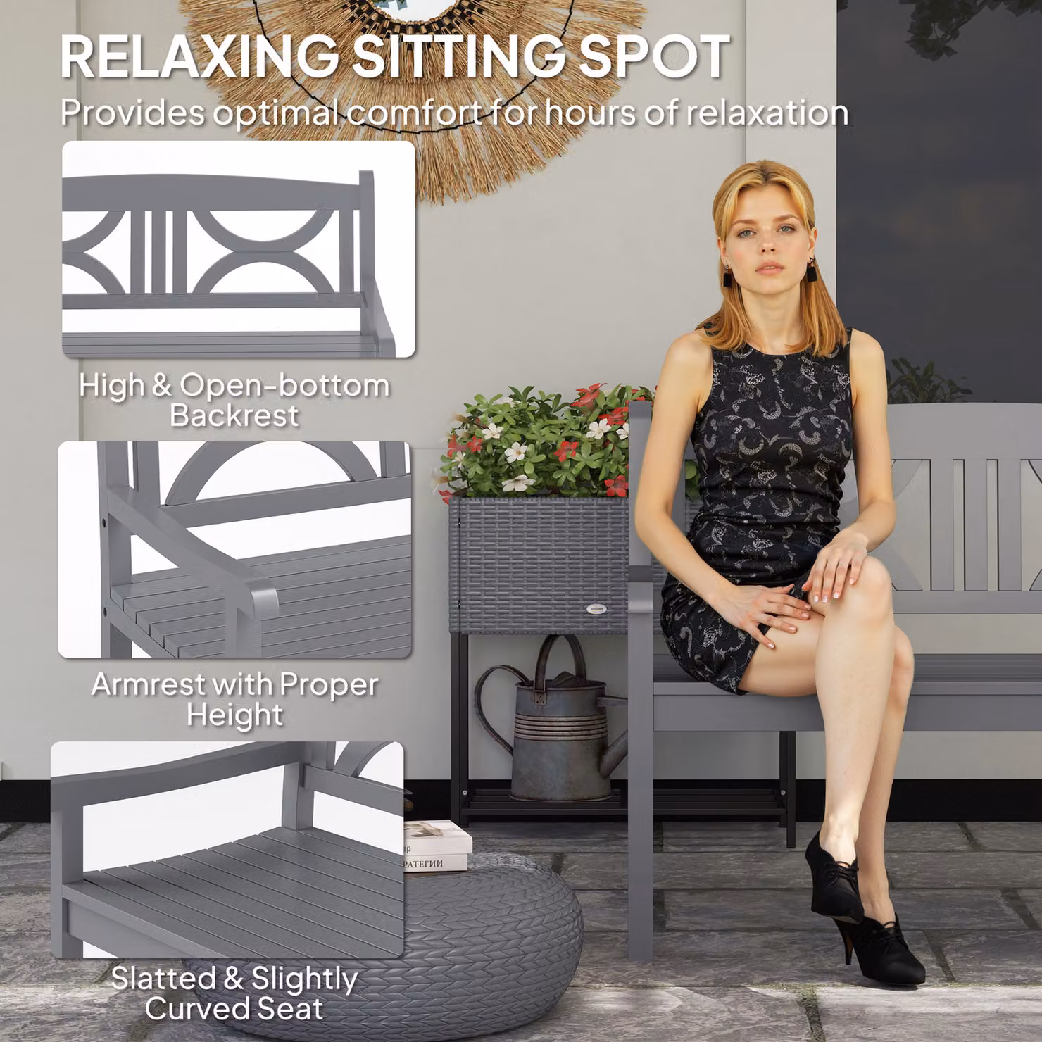 Outsunny 2-Seater Wooden Garden Bench with Armrests, Grey – 5