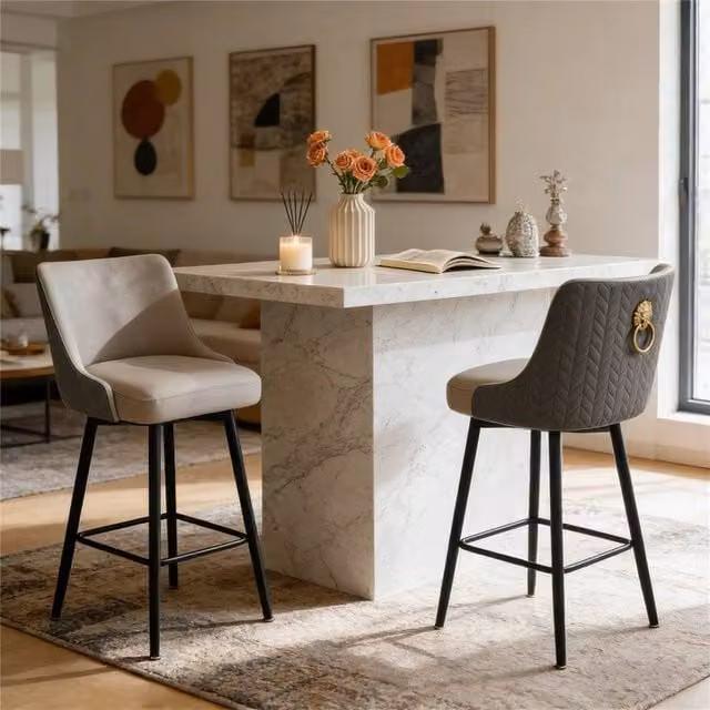 KORVIXA 360 Degree Rotating Breakfast Bar Stools with High Tufted Back and Lion Knocker in Grey, W/D/H: 100 x 100 x 66.04 cm