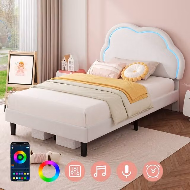 Matteo Single Upholstered Bed with LED Cloud Headboard in Cream Velvet, W/D/H: 90 x 190 cm