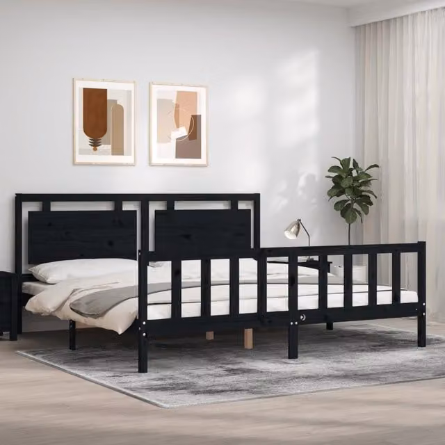 Berkfield Home Solid Wood Pine Bed Frame with Headboard in Black, 200 x 200 cm – 1