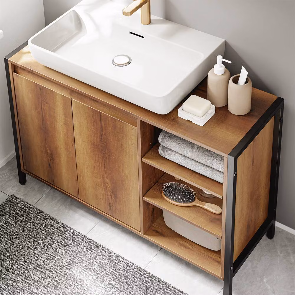 SoBuy Under Sink Bathroom Cabinet in Light Brown Wood Effect with Soft Close Hinged Doors and Internal Shelves – 3