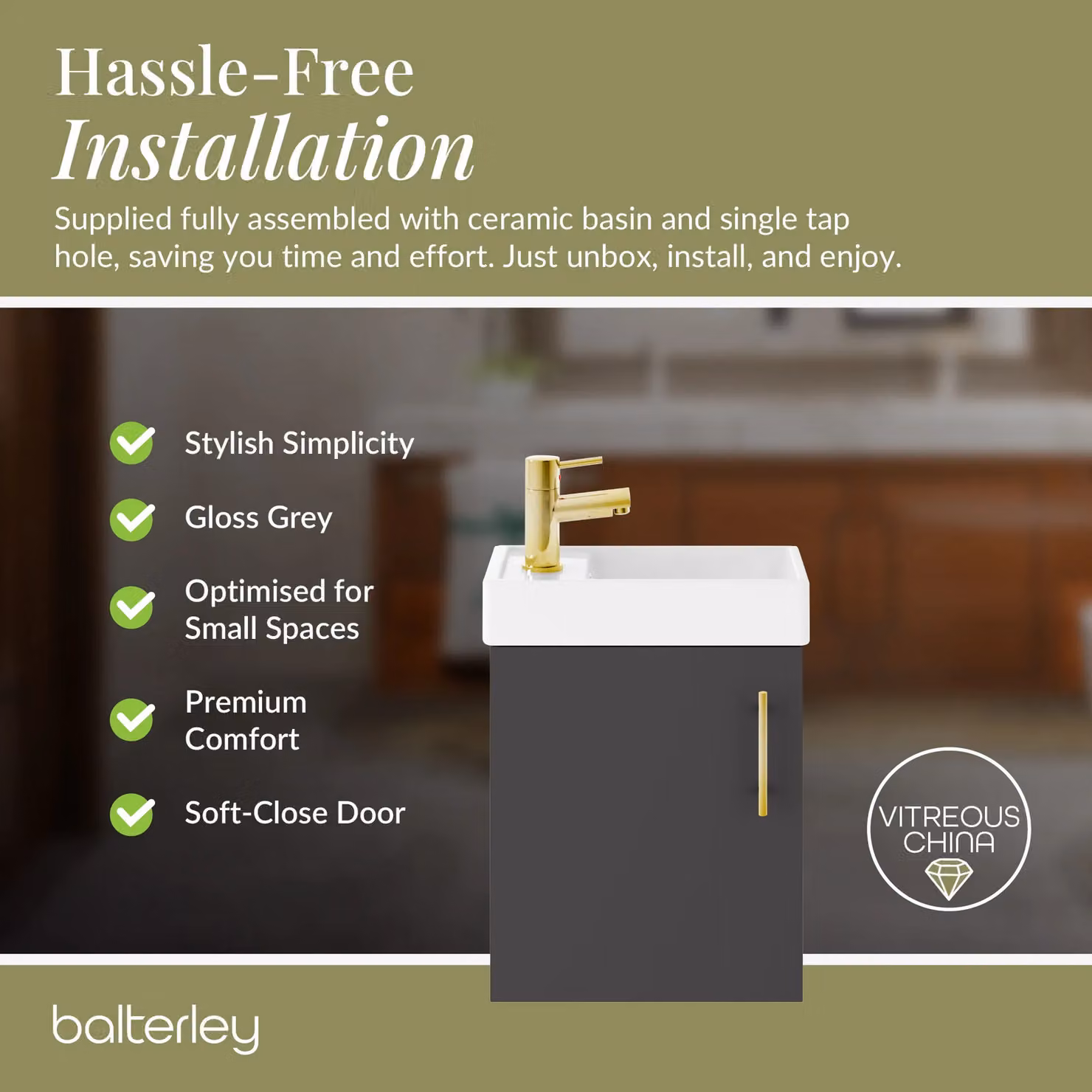 Balterley Wall Mounted Gloss Grey Vanity Basin with Brushed Brass Handle, Width: 40 cm – 5