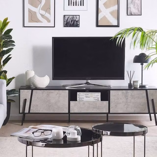 Wyld and Coco Industrial TV Stand for up to 75 inch TVs with Concrete Effect Top in Black and Grey – 1