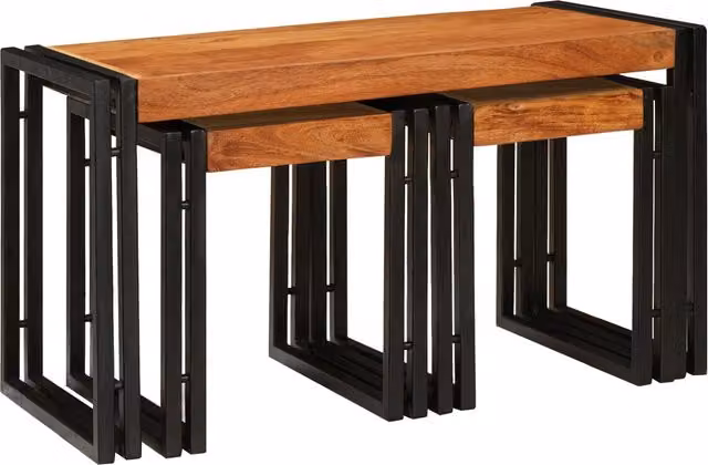 Berkfield Home Set of 3 Industrial Nesting End Tables in Brown and Black Solid Acacia Wood – 1