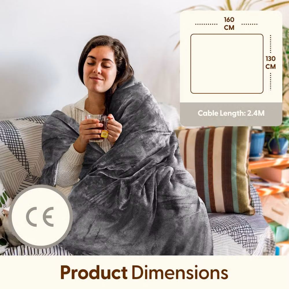 Keplin Large Electric Heated Throw Blanket in Grey, Fleece and Sherpa Wool Duvet with 9 Heat Settings and Timer, W/D/H: 160 x 130 x 130 cm – 2