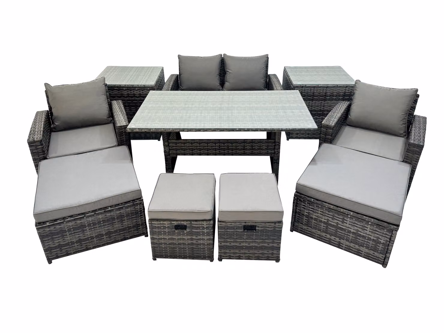 Fimous Outdoor Dining Set with Double Seat Sofa, 2 Side Tables and 4 Stools in Dark Grey – 2