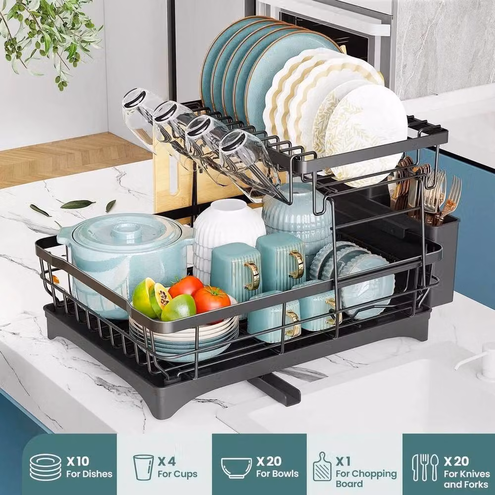 KORVIXA 2 Tier Black Dish Drainer Rack with Cutlery Holder and Drip Tray – 3