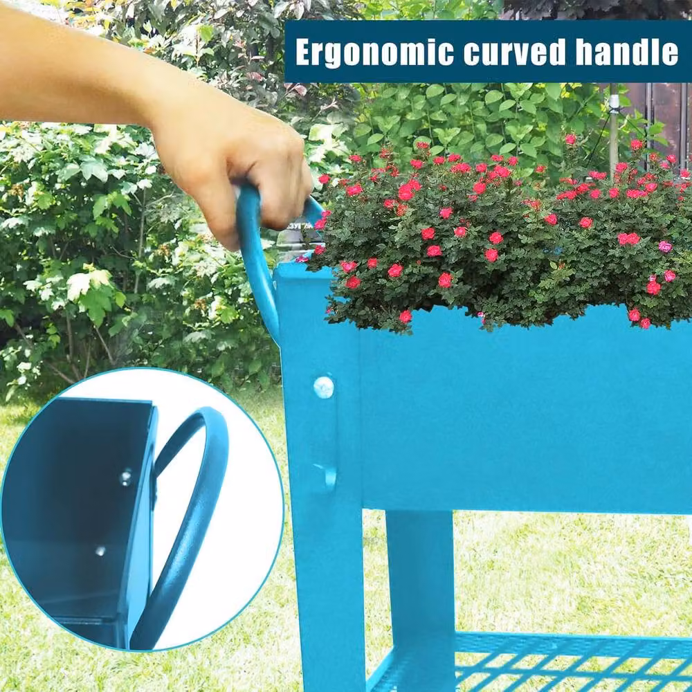 Huhote Metal Raised Garden Bed with Legs and Storage Shelf, Blue – 5