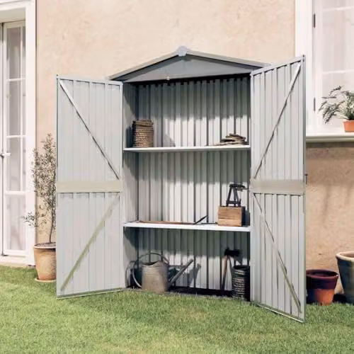 vidaXL Grey Galvanised Steel Garden Shed with Shelving and Double Doors W/D/H: 175 x 116 x 45 cm – 2