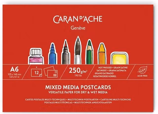 Caran d'Ache Mixed Media Postcards, 12-Pack, A6, 250gsm, Assorted Colours
