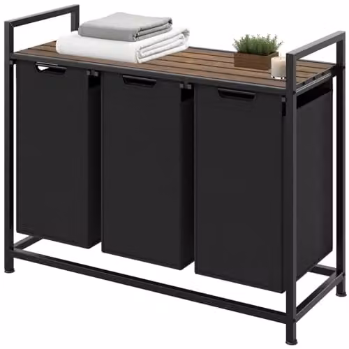 tectake Triple Laundry Basket with 3 x 38L Capacity, Water- and Smell-Resistant Fabric, Pull-Out Baskets with Steel Frame and Wooden Look Top Shelf, Black/Brown