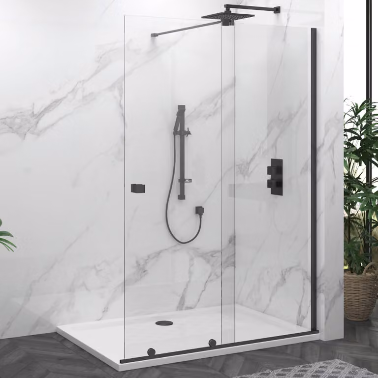 Luton 1400mm Wet Room Sliding Shower Screen with 8mm Easy Clean Clear Glass, Height: 195 cm, Matt Black