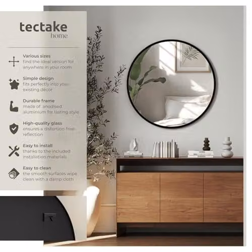 tectake Round Wall Mirror in Black with Minimalist Metal Frame, Diameter: 70 cm – 2