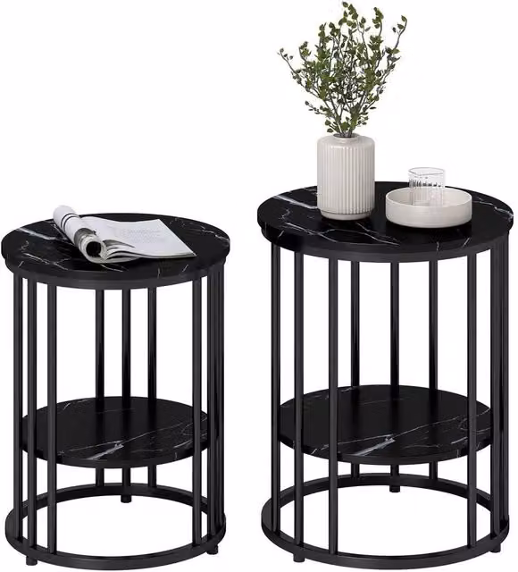 Havendro Set of 2 Round Marble-Effect Coffee Tables with Nested Tops in Black and Multicolour